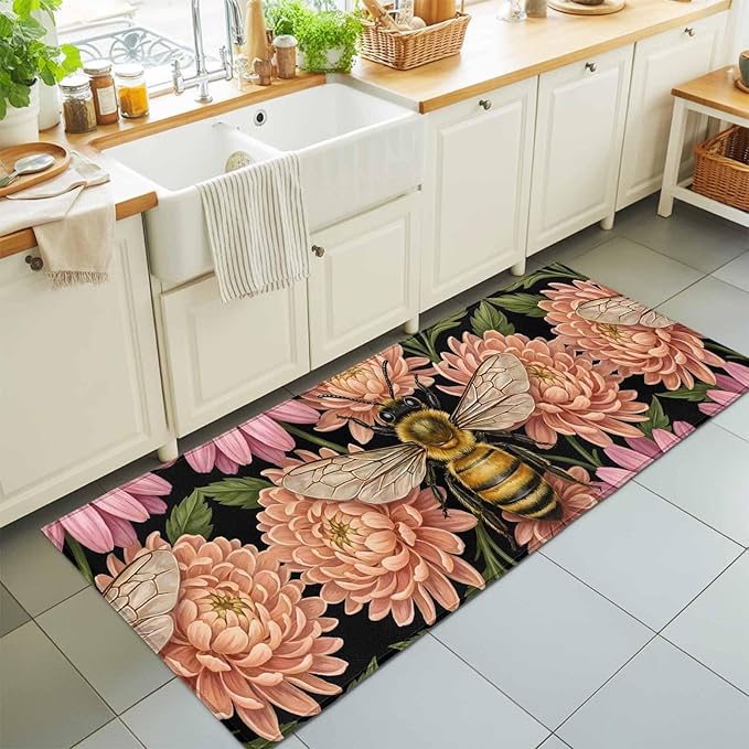 Runner Rug for Bedroom Hallway, Vintage Honey Gold Bee Pink Flowers Kitchen Runner Rugs Area Rug 2x6ft, Sage Green Leaves Washable Soft Floor Carpet for Entryway Stair