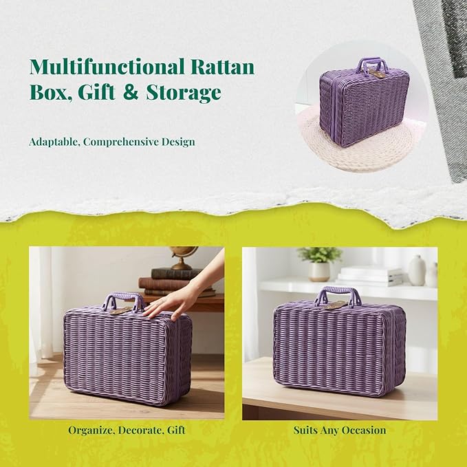 Woven Suitcase Imitation Rattan Storage Basket Gift Box Rustic Picnic Suitcase Handwoven Storage Case for Travelling Bathroom, Violet XL