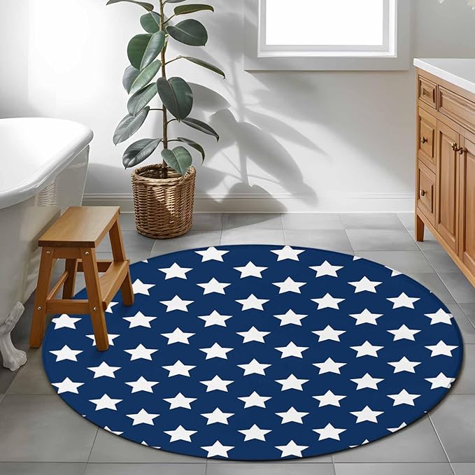 Washable Round Area Rug 4th of July White Star on Navy Blue Circle Rugs Floor Carpet for Living Room Bedroom, Independence Freedom Liberty Soft Non Slip Round Rug 3ft