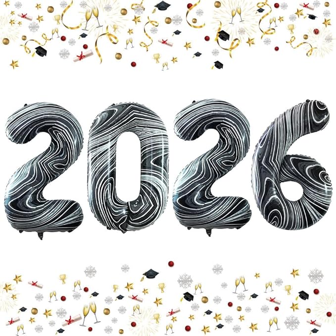 GOER 42 Inch 2026 Foil Number Balloons for 2026 New Year Eve Festival Party Supplies Graduation Decorations (Marble Black)
