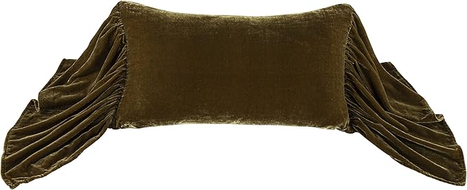 HiEnd Accents Stella Faux Silk Velvet Long Ruffled Pillow, 14x26 inch, Green Ochre, Romantic Western Modern Traditional Style Luxury Bedding, Decorative Throw Pillow