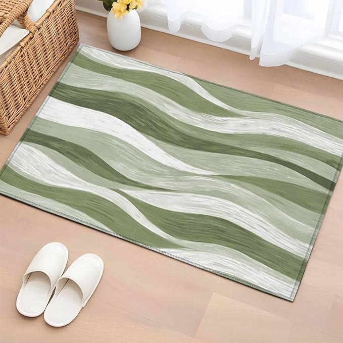 Area Rug 2x3ft, Modern Sage Green Gradient Stripe Washable Rugs for Living Room Bedroom, Abstract Ocean Wave Soft Non-Slip Area Rugs Rectangle Floor Carpet for Dining Room