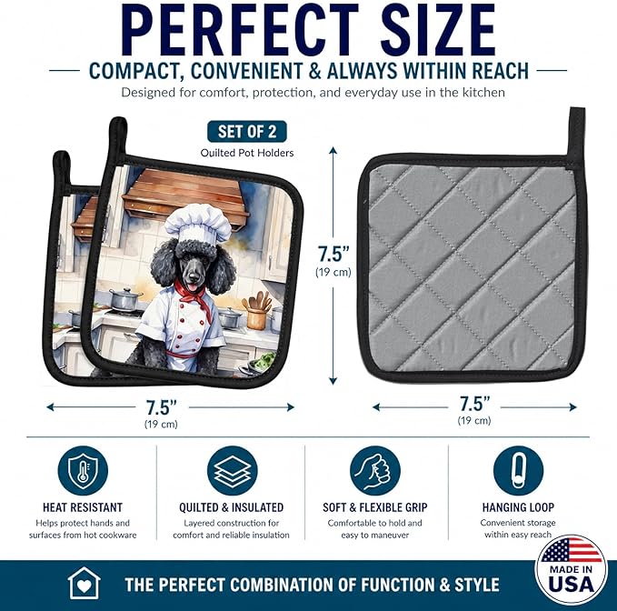 Caroline's Treasures Black Poodle The Chef Pair of Pot Holders Kitchen Heat Resistant Pot Holders Sets Oven Hot Pads for Cooking Baking BBQ, 7 1/2 x 7 1/2