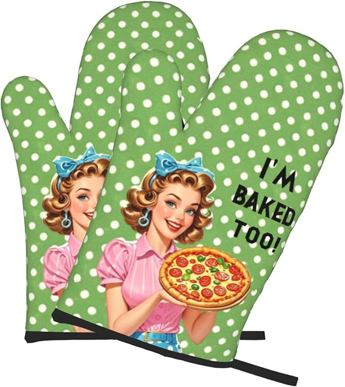 2 Pcs Funny Oven Mitts I'm Baked Too Heat Resistant Non-Slip Kitchen Gloves with Hanging Loop Housewarming Gifts for Baking Lover Family Friend