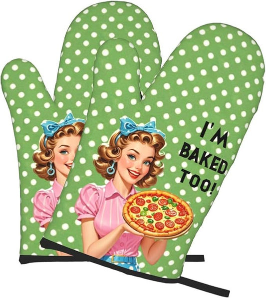2 Pcs Funny Oven Mitts I'm Baked Too Heat Resistant Non-Slip Kitchen Gloves with Hanging Loop Housewarming Gifts for Baking Lover Family Friend