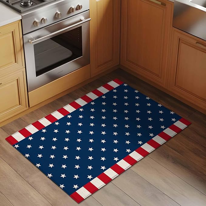 Area Rug 2x3ft, American Independence Day Washable Rugs for Living Room Bedroom, USA Stars on Blue Red White Border Soft Non-Slip Area Rugs Rectangle Floor Carpet for Dining Room