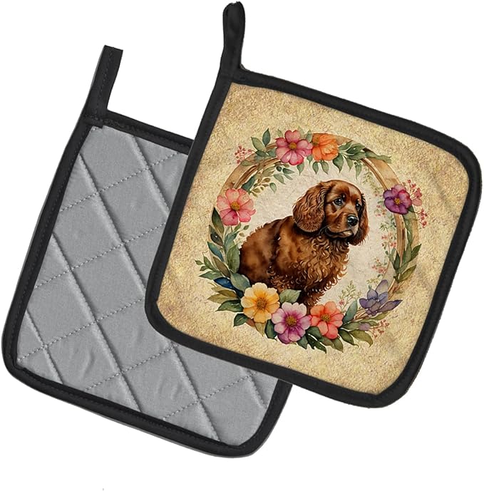 Caroline's Treasures American Water Spaniel and Flowers Pair of Pot Holders Kitchen Heat Resistant Pot Holders Sets Oven Hot Pads for Cooking Baking BBQ, 7 1/2 x 7 1/2