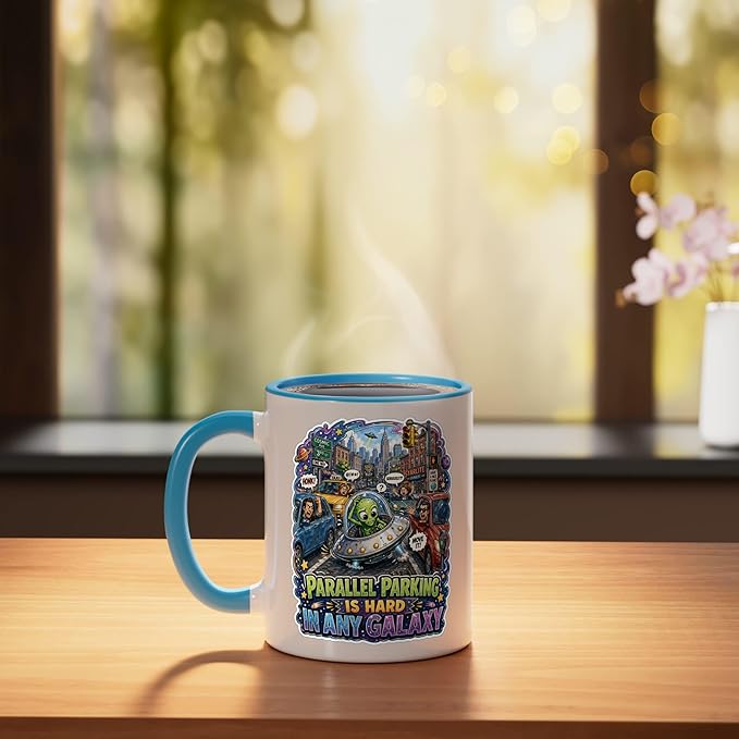 Parallel Parking Is Hard In Any Galaxy Ceramic Mug, Blue/White