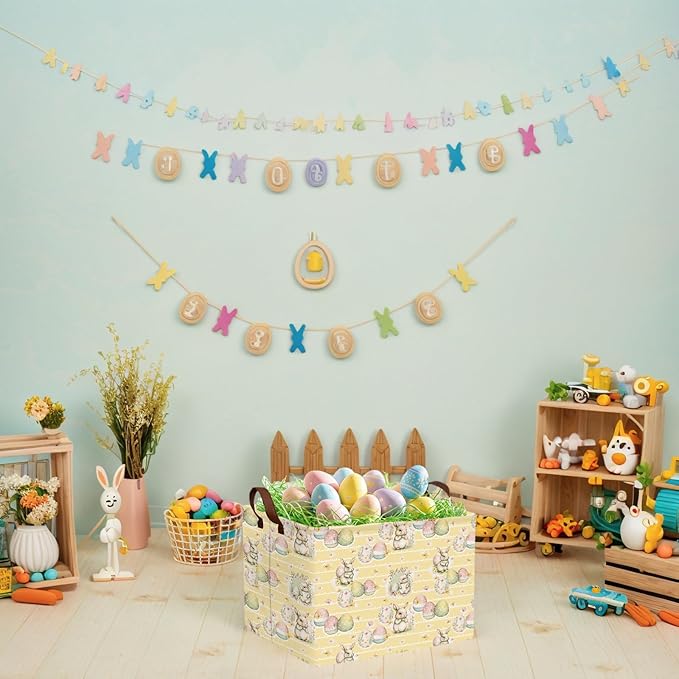 Kid Large Empty Easter Basket Gift Personalized Fabric Bunny Easter Basket for Boy and Girl Room Decor Storage Bin (Rabbit Easter Egg Butterfly Yellow)