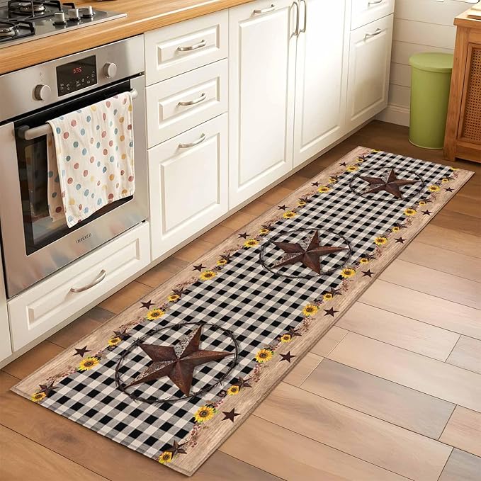 Runner Rug for Bedroom Hallway, Western Star Farm Sunflower Kitchen Runner Rugs Area Rug 2x6ft, Vintage Wood Grain Black Buffalo Plaid Washable Soft Floor Carpet for Entryway Stair