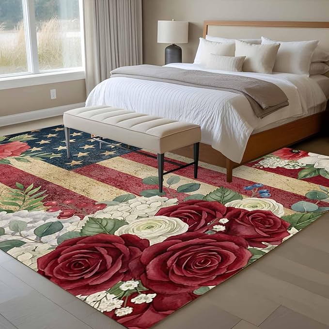 Area Rug 9x12ft, Independence Day 250th Anniversary Washable Rugs for Living Room Bedroom Rectangle Floor Carpet, Vintage USA Flag Floral Soft Non-Slip Area Rugs for Dining Room