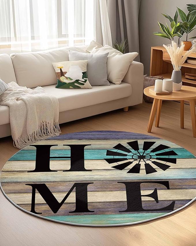 Round Area Rug,Farm Home Windmill Circle Living Room Rug Non-Slip Rugs Indoor Carpet,Farmhouse Vintage Wood Board Soft Comfort Rugs for Bedroom KidsRoom Nursery