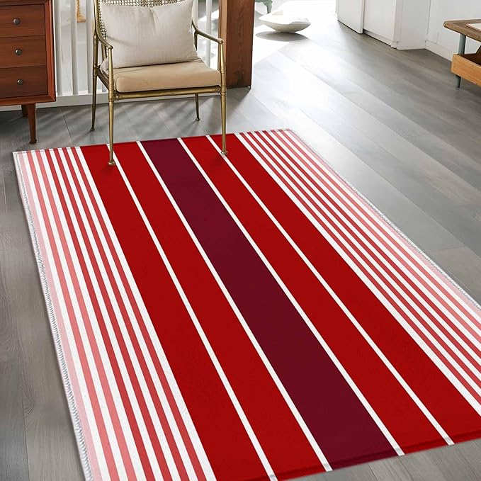 Area Rug 3x5ft, Abstract Gradient Red White Stripes Washable Rugs for Living Room Bedroom, Ombre Modern Art Soft Non-Slip Area Rugs Rectangle Floor Carpet for Dining Room