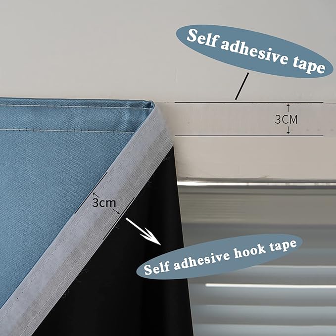 AJAZZ self Adhesive Portable 100% Blackout Curtains Simple and Easy to installBedroom Window Thermal Lnsulated Kitchen Room Darkening Black Small Drapes 1-Pack