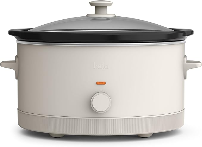 bella 6.0 Qt Manual Slow Cooker, Ceramic Nonstick Coating, 3 Temperature Settings, Dishwasher Safe Stoneware Pot and Tempered Glass Lid, Cool Touch Handles & Tangle Free Cord Wrap, Oatmilk