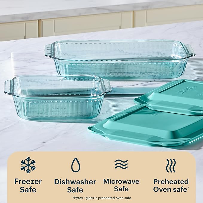 Pyrex Colors Tinted (9"x13") Tinted Glass Baking Dish with BPA-Free Lid, Oblong Bakeware Glass Pan For Casserole & Lasagna, Dishwasher, Freezer, Microwave and Pre-Heated Oven Safe, Aqua