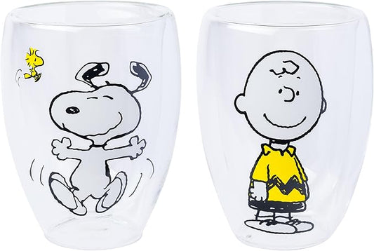 Silver Buffalo Peanuts Featuring Charlie Brown, Snoopy, and Woodstock 2 Pack Double Walled Glass Set, 12.5 Ounces