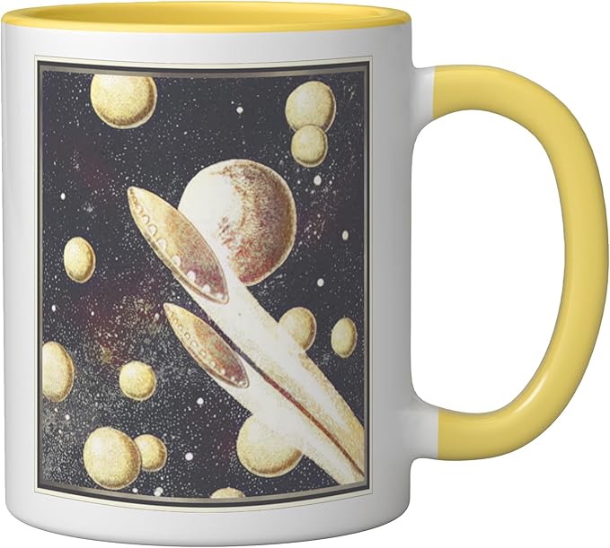 Retro Sci-Fi UFOs Flying Saucers Through Space Ceramic Mug, Yellow/White