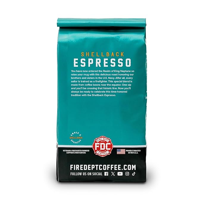 Fire Department Coffee - Gives Back to Firefighters - Shellback Espresso Ground Coffee - Bold & Smooth - Roasted in the USA - Dark Roast Espresso - Veteran Owned (12 oz, Pack of 2)