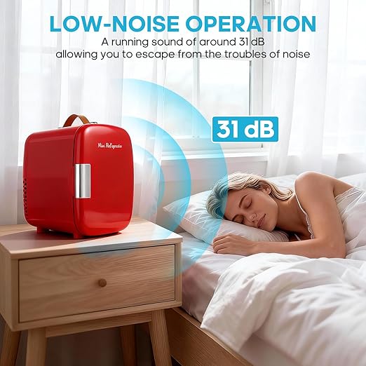 DUMOS Mini Fridge for Bedroom, 4L Compact Personal Fridge Cooler For Skincare, Drinks, And Snacks, Fits 6 Cans, Mini Refrigerator with 110V Ac/12V Dc, Ideal For Car, Dorm, Red