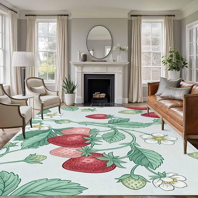 Area Rug 8x10ft, Strawberries White Flowers Washable Rugs for Living Room Bedroom, Rustic Garden Botanical Soft Non-Slip Area Rugs Rectangle Floor Carpet for Dining Room