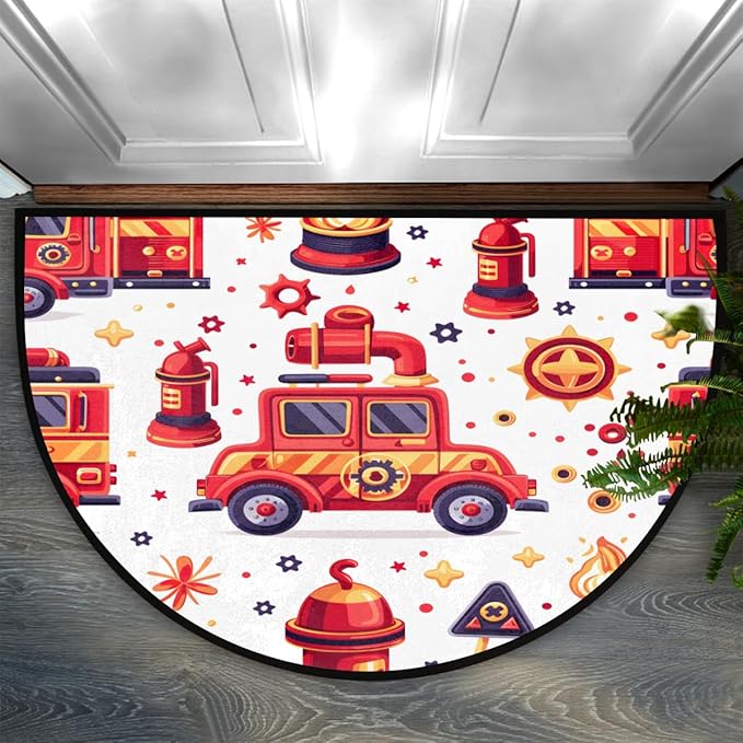 Fire Truck Paint Half-Round Door Mat | Indoor Entrance Half-Moon Rug | Low-Pile | Area Rug, Non-Slip, Absorbent Semi-Circle Welcome Mats for Kitchen, Patio, and Home Decor | 36x24 Inches