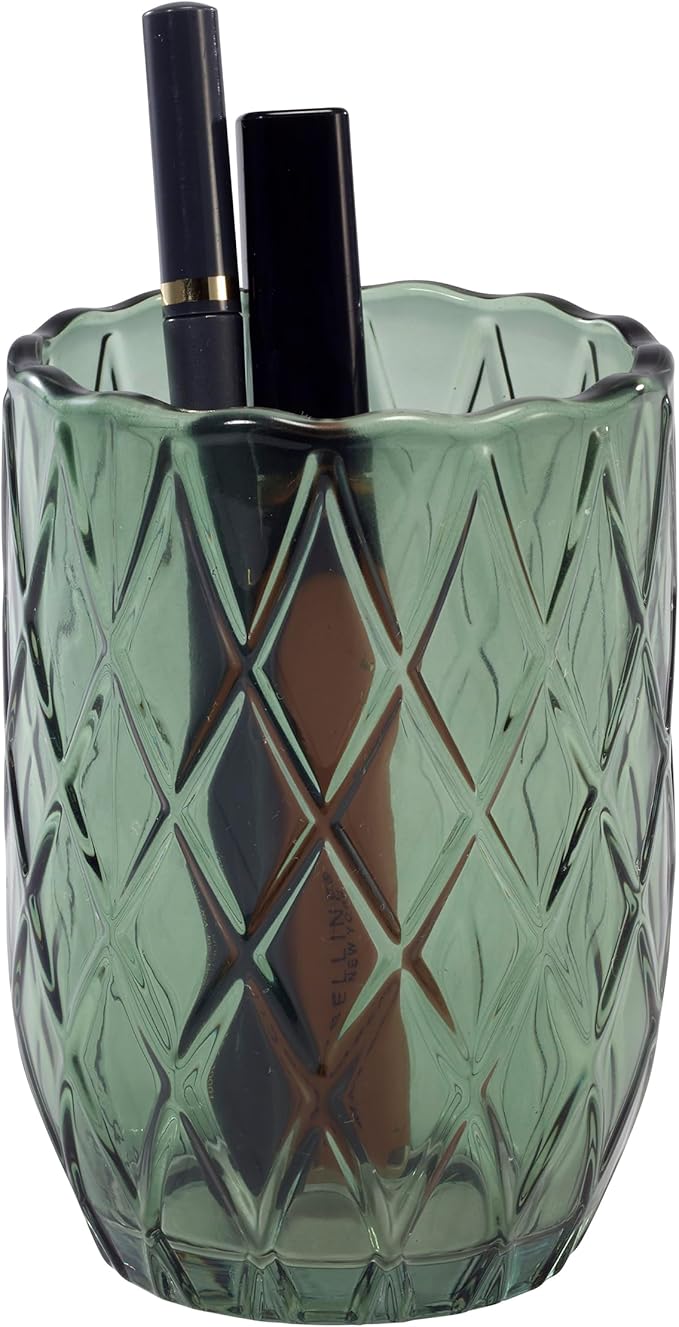Nicole Miller – Tumbler, Embossed Glass with Scalloped Edge, Trellis Home Decor – Perfect for Holding Toothbrushes and Bathroom Essentials (Bijou Green)