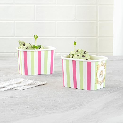 Restaurantware Paper Cups 50 Count 12 Ounce Square Disposable Ice Cream Containers, Leak-Resistant Paper Dessert To Go Cups, Hot And Cold Food, Durable Green And Pink Stripe Design