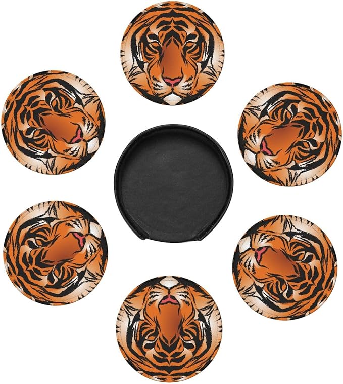 Bengal Tiger Leather Drinks Coasters with Holder, Set of 6, Suitable for Various Cups