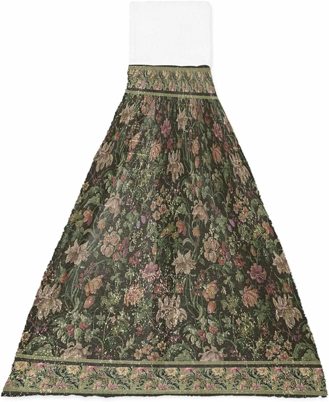 Alandar Home Kitchen Tie Towel Set of 1, Retro Flower Botanical on Green Absorbent Soft Hand Towels for Bathroom Hanging Towels, Vintage Ethnic Style Fast Drying Cleaning Cloth with Loop