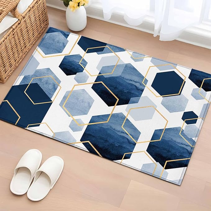 Area Rug 2x3ft, Watercolor Blue Hexagon Washable Rugs for Living Room Bedroom, Abstract Geometric Art Soft Non-Slip Area Rugs Rectangle Floor Carpet for Dining Room