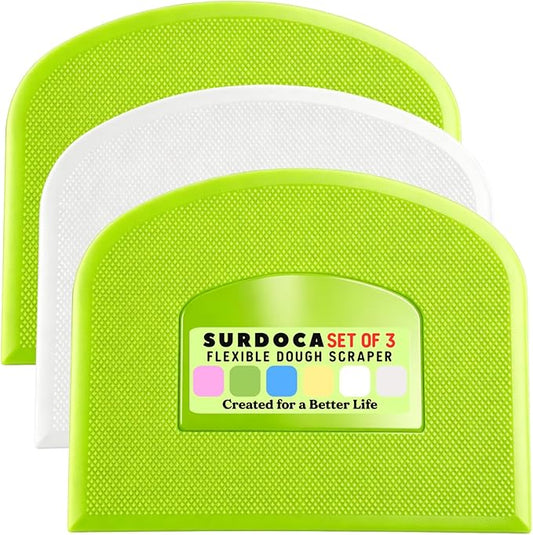 SURDOCA Dough Scraper Bench Scraper - 3P 4.7x3.7" Plastic Flexible Bowl Scraper, Sharp Edge & Angles Cake Scraper. Non-Slip Bakeware Decorating Tools Sculpting & Modeling Tools - Green+White+Green