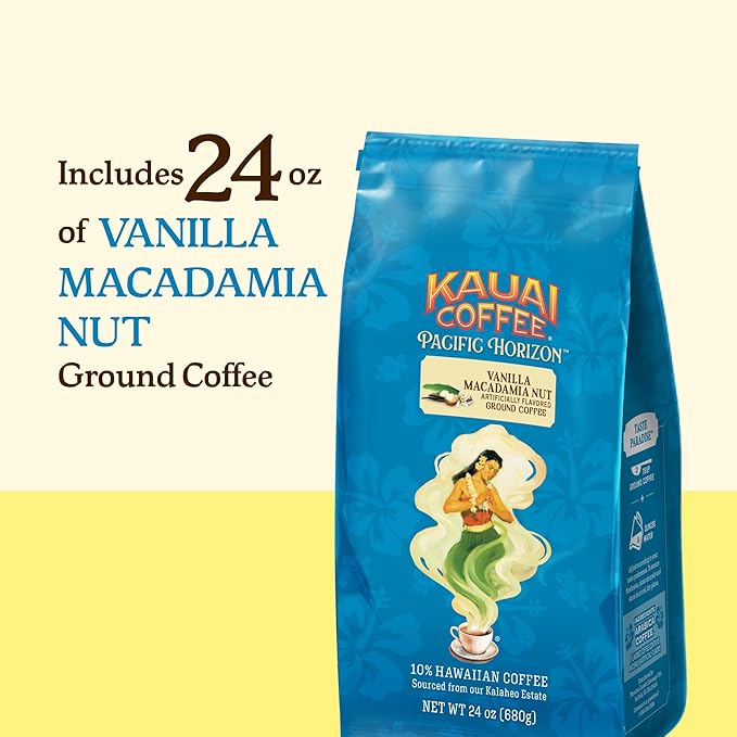 Kauai Coffee Ground Coffee – Smooth, Rich, Medium Roast – Slightly Sweet Nutty Flavor – Arabica Coffee, 10% Hawaiian with No Bitterness – Vanilla Macadamia Nut, 1 Pack of 24oz