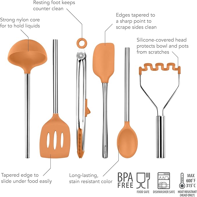 Tovolo Silicone Cooking Utensil Set of 6 Stainless Steel Handle Ladle Slotted Turner Tongs Flex Core Spatula Scraper Mixing Spoon & Potato Masher, Dishwasher Safe BPA Free Utensils, Apricot Orange