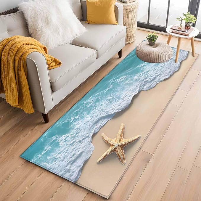 Runner Rug for Bedroom Hallway, Beach Starfish Teal Sea Water Kitchen Runner Rugs Area Rug 2x6ft, Summer Ocean Theme Washable Soft Floor Carpet for Entryway Stair