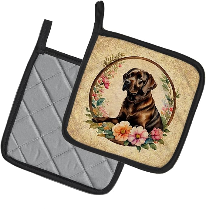 Caroline's Treasures Chocolate Labrador Retriever and Flowers Pair of Pot Holders Kitchen Heat Resistant Pot Holders Sets Oven Hot Pads for Cooking Baking BBQ, 7 1/2 x 7 1/2