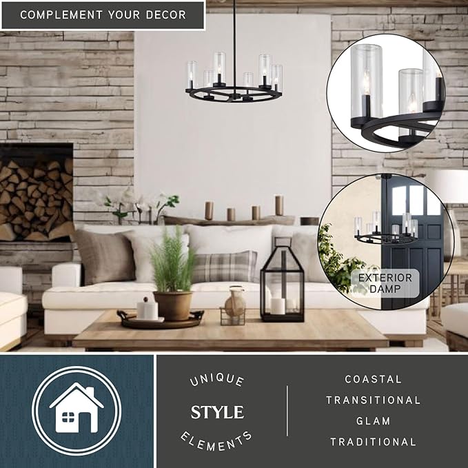 VAXCEL Grantley 6 Light Matte Black Wheel Chandelier Fixture Clear Glass Shade, LED Compatible, Damp Rated