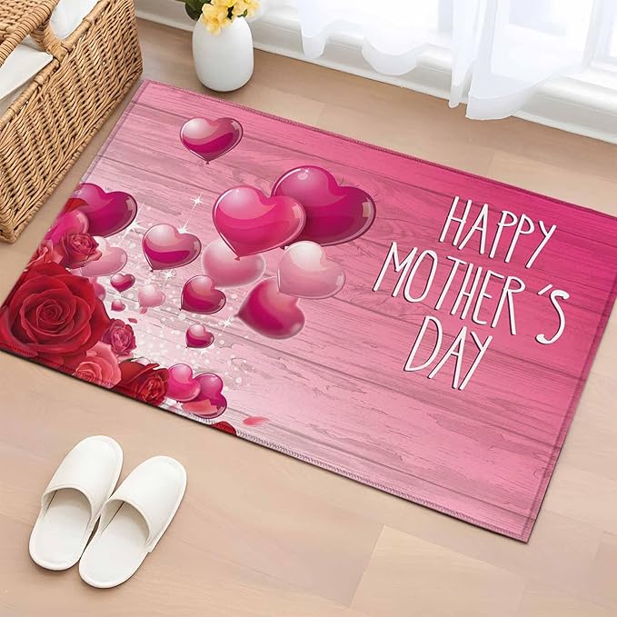 Area Rug 2x3ft, Mother's Day Love Balloon Rose Washable Rugs for Living Room Bedroom, Gradient Pink Wood Grain Soft Non-Slip Area Rugs Rectangle Floor Carpet for Dining Room