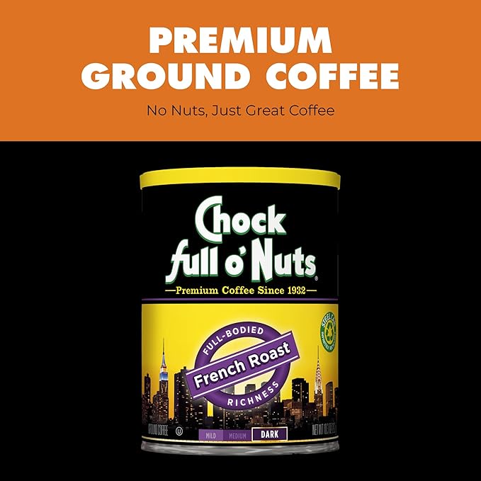 Chock Full o' Nuts French Roast Ground Coffee – Premium Beans in Recyclable Steel Can – Rich Flavor & Aroma, Dark Roast – Perfect for Drip, Pour-Over, Percolator – 10.3 Oz Can