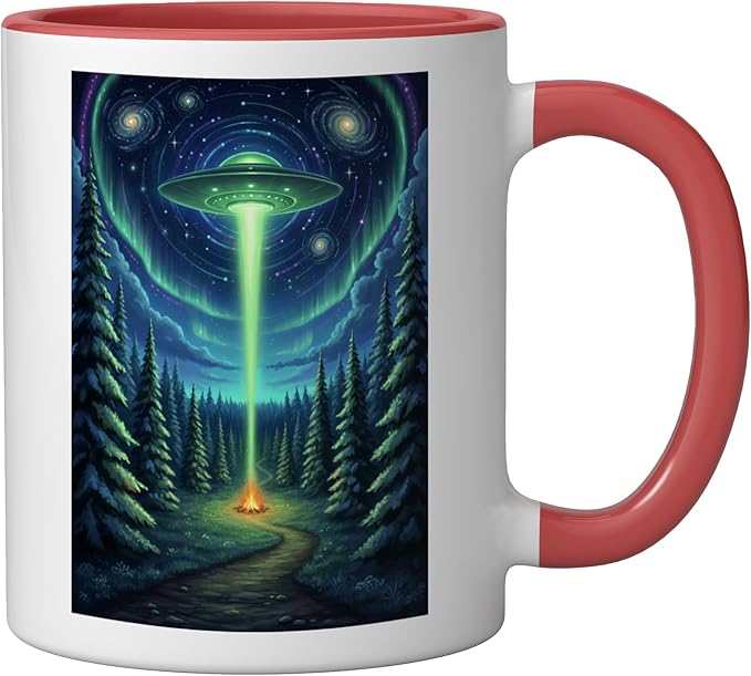 UFO in Forest Campfire Nature Camping Flying Saucer UAP Ceramic Mug, Red/White