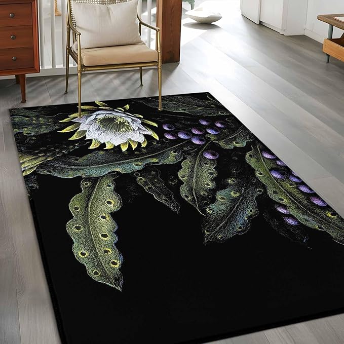 Area Rug 3x5ft, Watercolor Flower Berry Leaves Washable Rugs for Living Room Bedroom, Botanical Plant Dark Style Soft Non-Slip Area Rugs Rectangle Floor Carpet for Dining Room