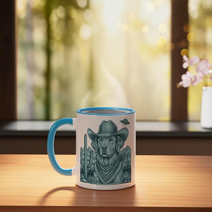 Cowboy Golden Retriever With Ufo Western Dog Art Ceramic Mug, Blue/White
