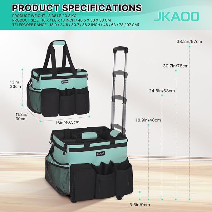 JKAOO Large Rolling Cleaning Caddy Bag with Detachable Trolley, Waterproof Cleaning Caddy on Wheels for Housekeepers, Cleaning Cart Supplies Organizer for Home,Car,Office,Picnic (Blue-Green) (Patent)
