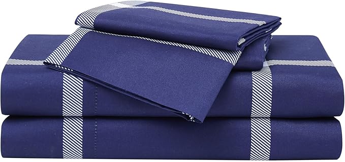 TRULY SOFT Printed Windowpane White and Navy Polyester 3-Piece Twin XL Sheet Set, Geometric Themed, for Men and Women, Oeko-TEX Certified Confidence