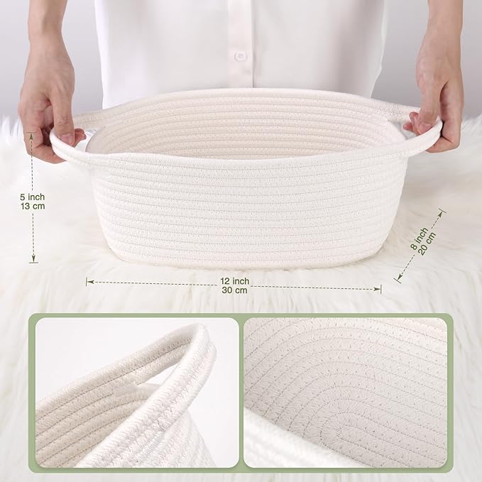 Gift Baskets Empty to Fill 4 Pack, 12x8x5 inch - Small Rectangular Woven Rope Bins for Baby Shower, Bathroom, Decor - With Gifting Wrap Bags & Ribbons - Reusable, Washable - White