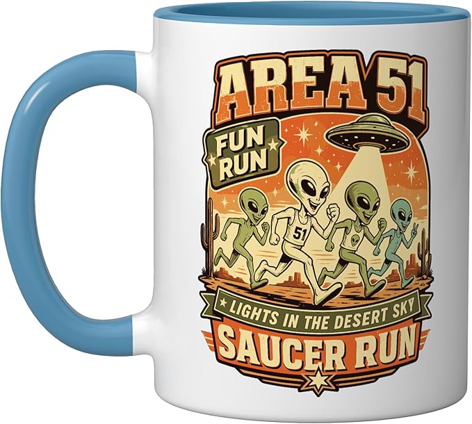 Area 51 Fun Run Saucer Run Alien Ceramic Mug, Blue/White