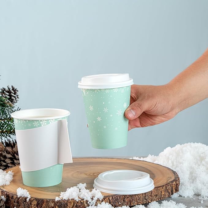 Restaurantware-Restpresso 12 Ounce Drinking Cups, 20 Hot Cups With Plastic Lids - Snowflake Design, Disposable, Light Blue Paper Coffee Cups, For Christmas Parties, Serve Hot And Cold Drinks