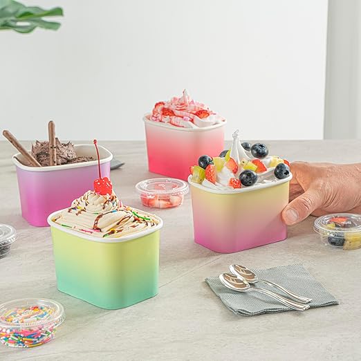 Restaurantware Paper Cups 200 Count 12 Ounce Square Disposable Ice Cream Containers, Leak-Resistant Paper Dessert To Go Cups, Hot And Cold Food, Durable Assorted Ombre Design