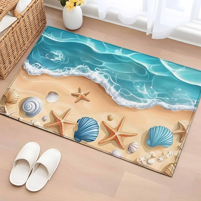 Area Rug 2x3ft, Summer Beach Shell Starfish Washable Rugs for Living Room Bedroom, Marine Life Cartoon Style Soft Non-Slip Area Rugs Rectangle Floor Carpet for Dining Room