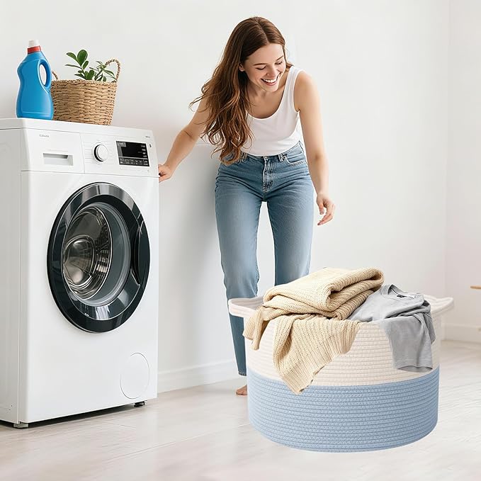 65L Extra Large Woven Cotton Rope Blanket Basket with Handles, Laundry Hamper Storage Bin for Pillows, Comforters,Clothes, Toys, Nursery, Bedroom and Living Room Organization,White&Blue